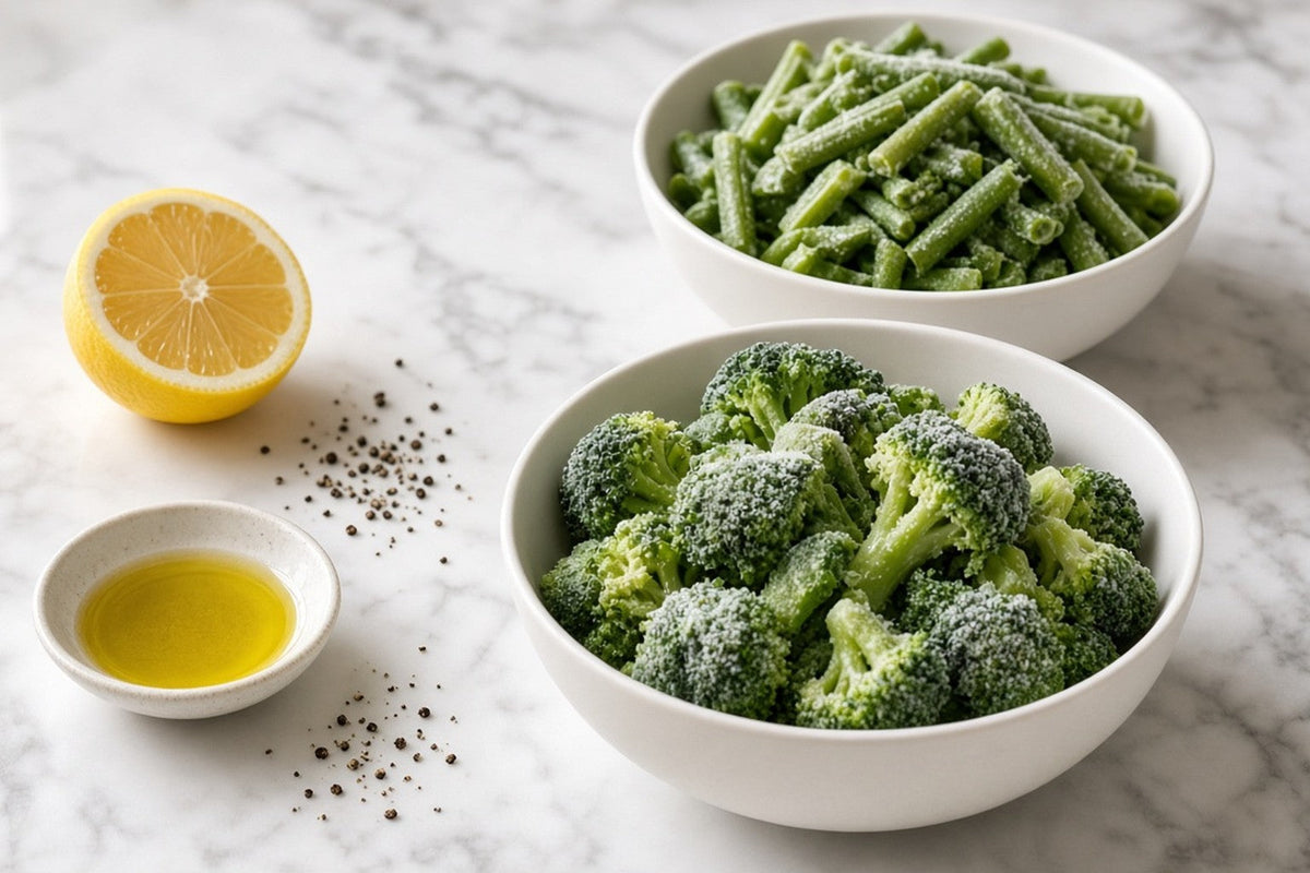 Two bowls of loose frozen vegetables straight from the freezer, broccoli florets and cut green beans, with a halved lemon, a dish of olive oil and cracked pepper.