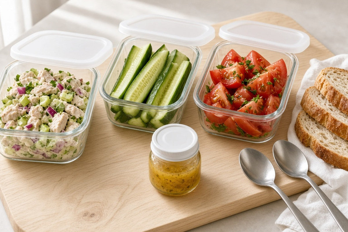 Three unlabelled glass containers of chicken salad, cucumber spears and herbed tomato wedges, a lidded pot of vinaigrette, and bread stacked separately on a cloth napkin.