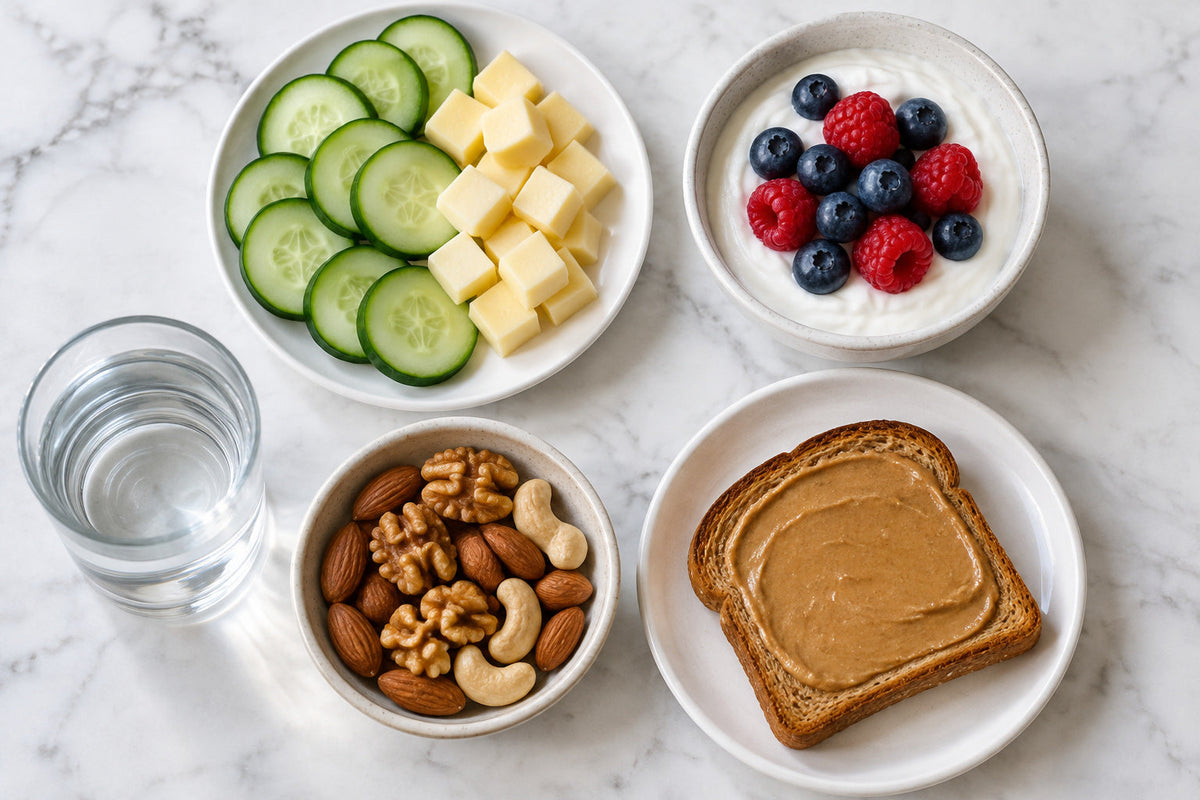 Four snacks overhead: cucumber and cheese, yogurt with berries, mixed nuts with water, and nut butter toast