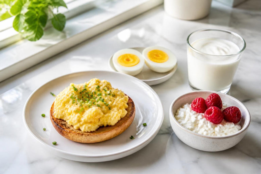A small high-protein breakfast: scrambled eggs on a toasted bagel half, halved boiled eggs, Greek yogurt and cottage cheese with raspberries