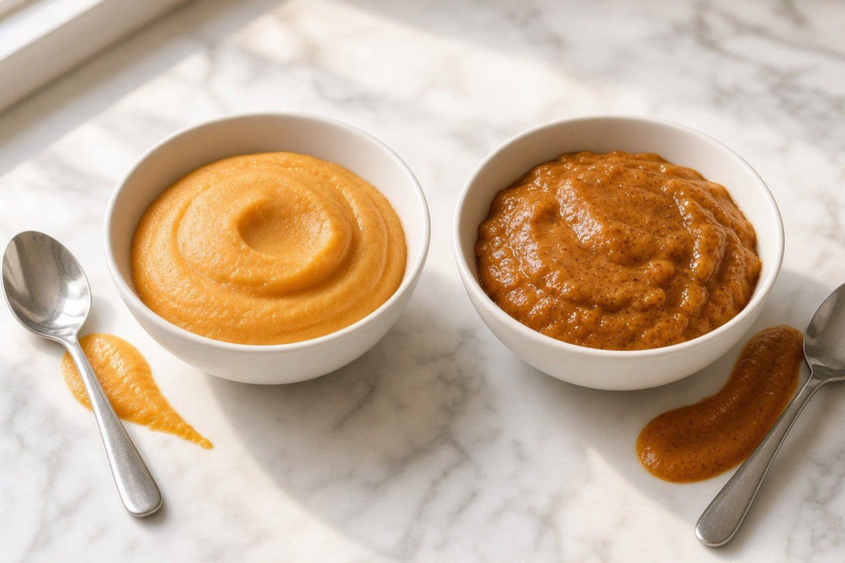 Two bowls of pumpkin side by side, the left plain puree, matte and uniform, the right prepared pie filling, darker, glossier and speckled with spice, a spoon beside each.