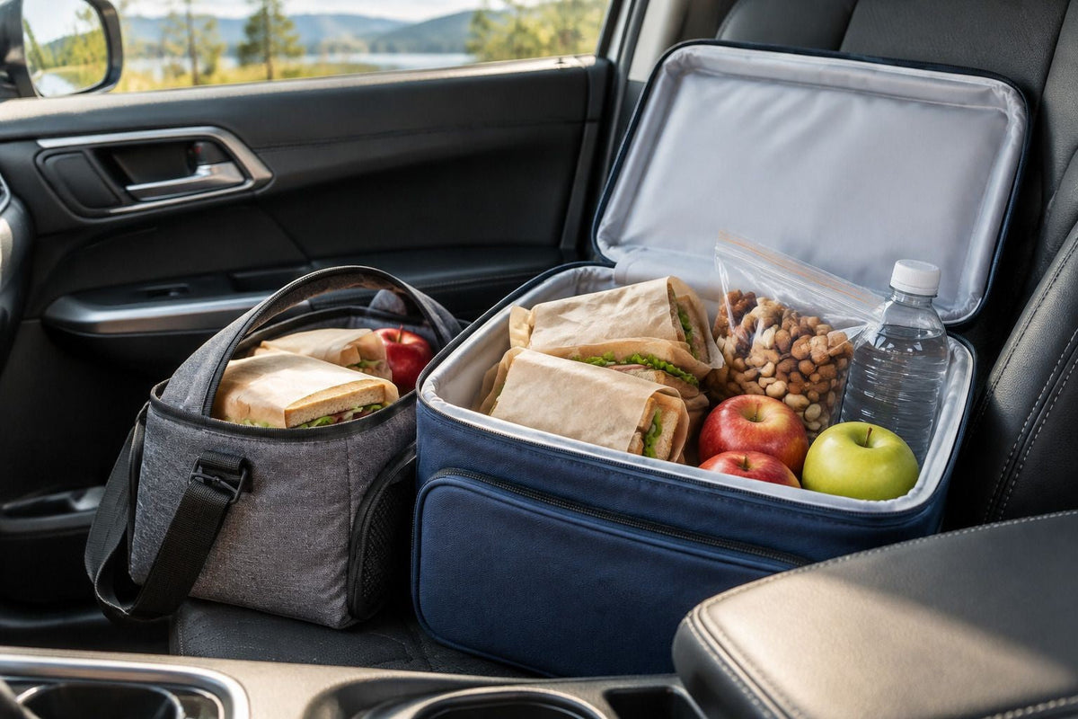 Cooler and snack bag packed with road trip food on a car seat