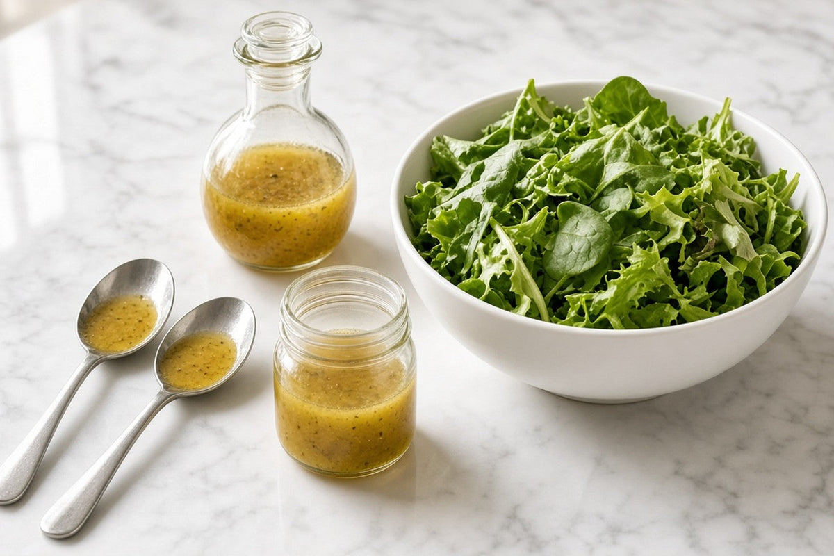 A bowl of undressed salad leaves with two tablespoon measures of vinaigrette in front and an unlabelled cruet behind, showing the amount poured rather than the bottle.