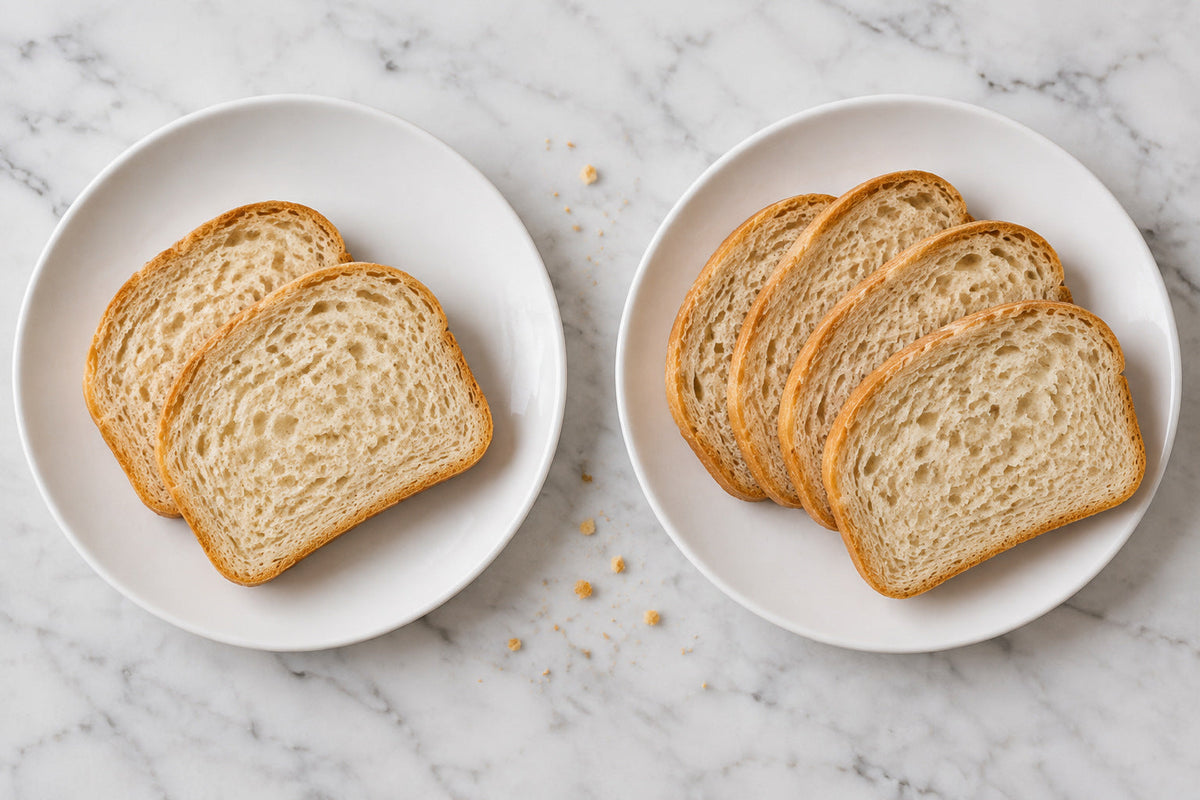 Two identical plates holding different numbers of bread slices, shown overhead for comparison