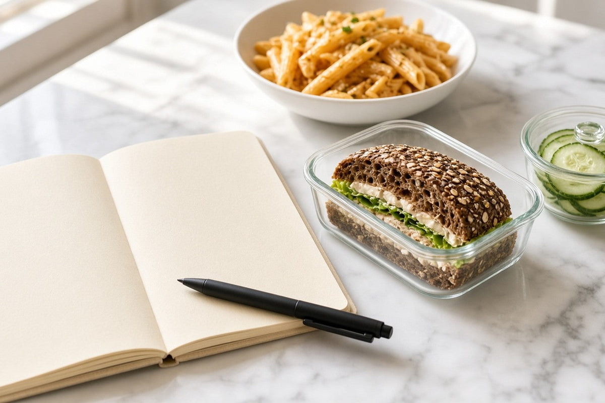 An open notepad with completely blank pages and a pen resting on it, beside a glass container holding half a sandwich on dark seeded bread and a separate pot of sliced cucumber.