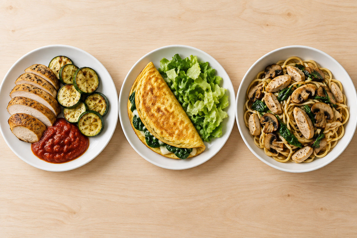 Three dinner plates in a row: chicken with zucchini and sauce, a vegetable omelette with salad, and pasta with mushrooms and chicken