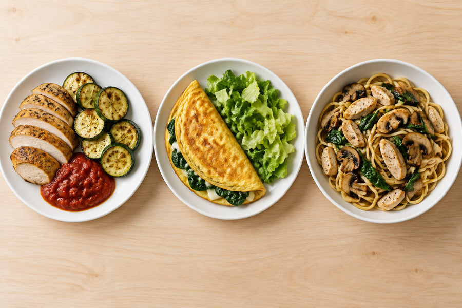 Three dinner plates in a row: chicken with zucchini and sauce, a vegetable omelette with salad, and pasta with mushrooms and chicken