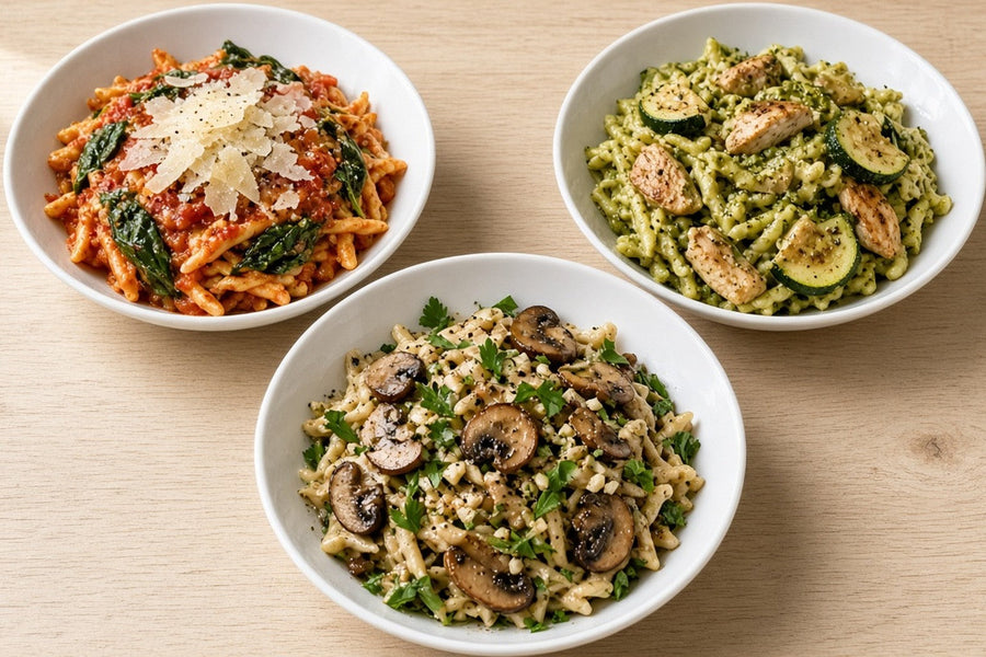 Three pasta bowls shot from above, one in tomato sauce with spinach and Parmesan, one with pesto, zucchini and chicken, and one with browned mushrooms, garlic and parsley.