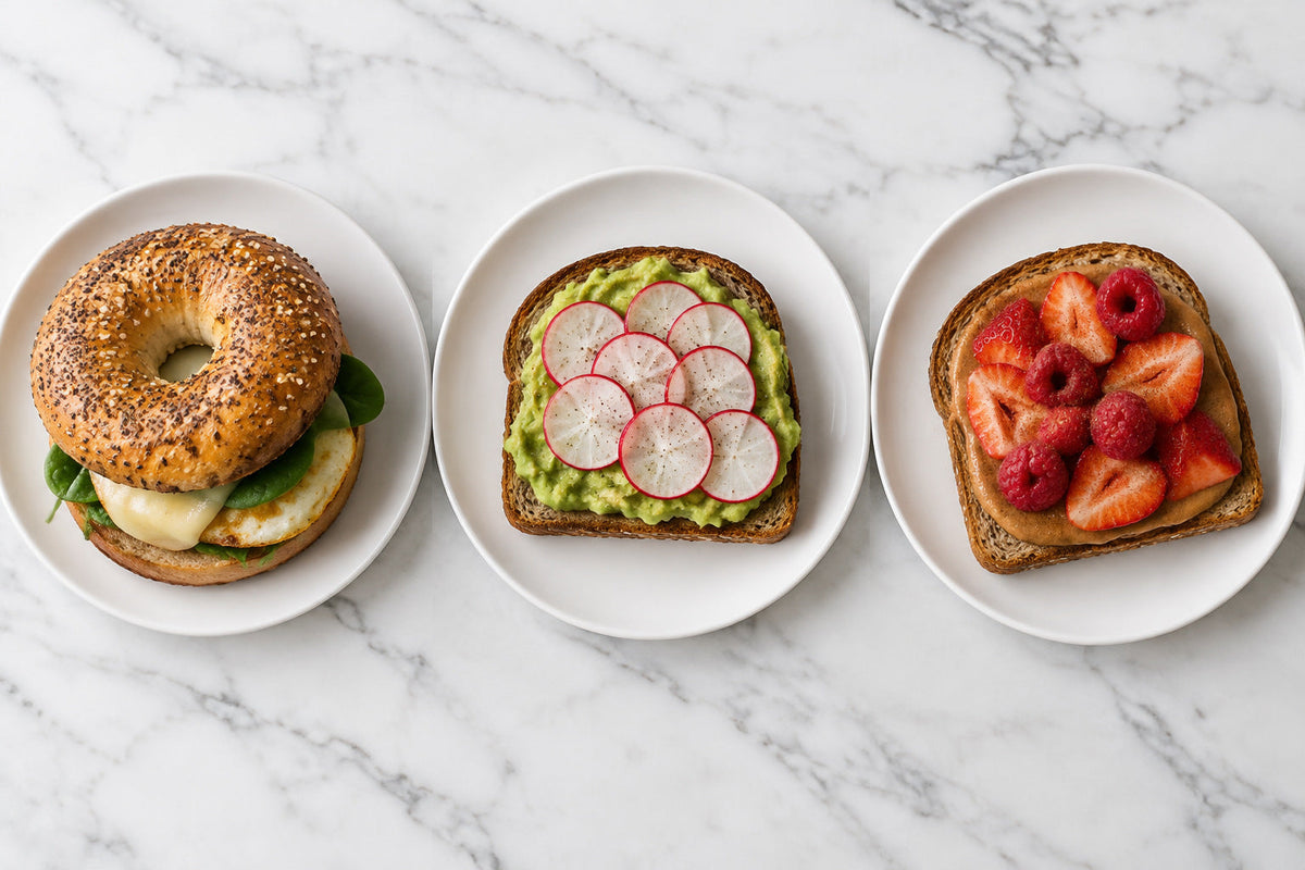 Three breakfast plates: an egg and cheese bagel sandwich, avocado and radish toast, and nut butter toast with berries