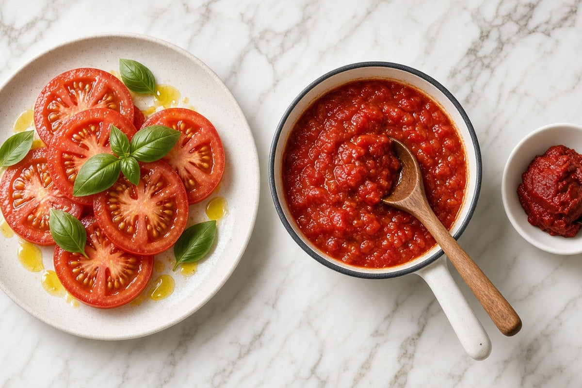 Tomatoes three ways: thick fresh slices with basil and olive oil, a saucepan of chunky tomatoes simmering into sauce, and a small bowl holding a spoonful of thick tomato paste.
