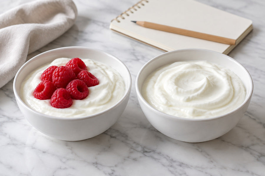 Two bowls of plain yogurt side by side, one topped with raspberries and one plain, beside a blank notepad