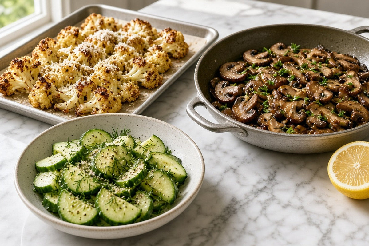 Roasted cauliflower on a sheet pan, a skillet of browned mushrooms with parsley and a bowl of cucumber with dill, no salad in the frame.
