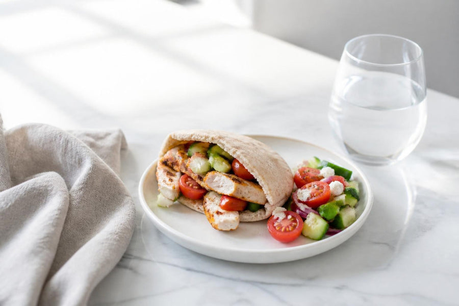 A small lunch of a chicken pita pocket with a side of cucumber and tomato salad and a glass of water