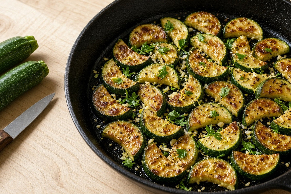 A cast iron skillet holding a single uncrowded layer of thick zucchini half-moons, cut faces deeply browned while the centers stay firm, finished with garlic, lemon zest and parsley.