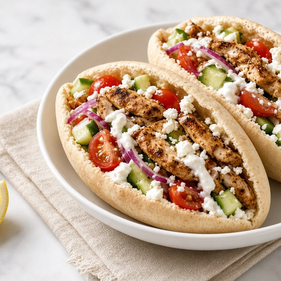 Two pita pockets filled with grilled chicken, cucumber, cherry tomatoes, red onion and feta, a small high-protein meal