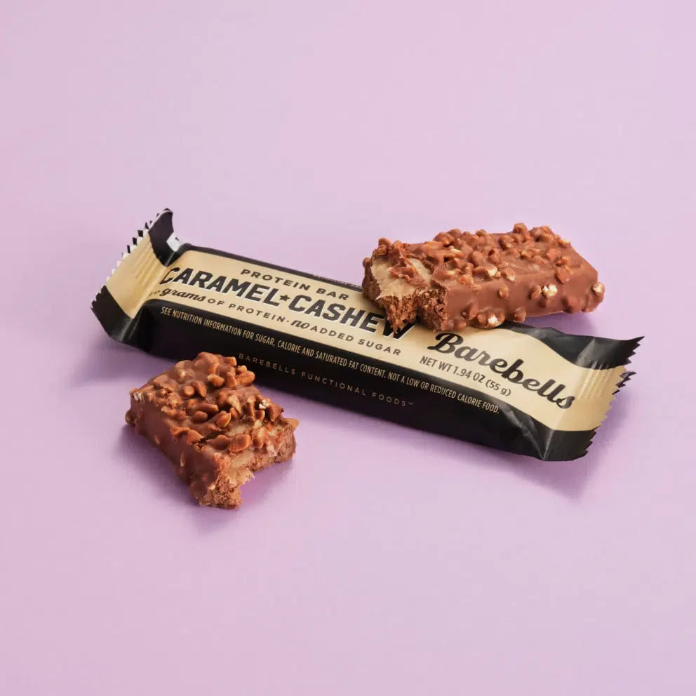 Front package of Barebells Protein Bars, Caramel Cashew / One Bar