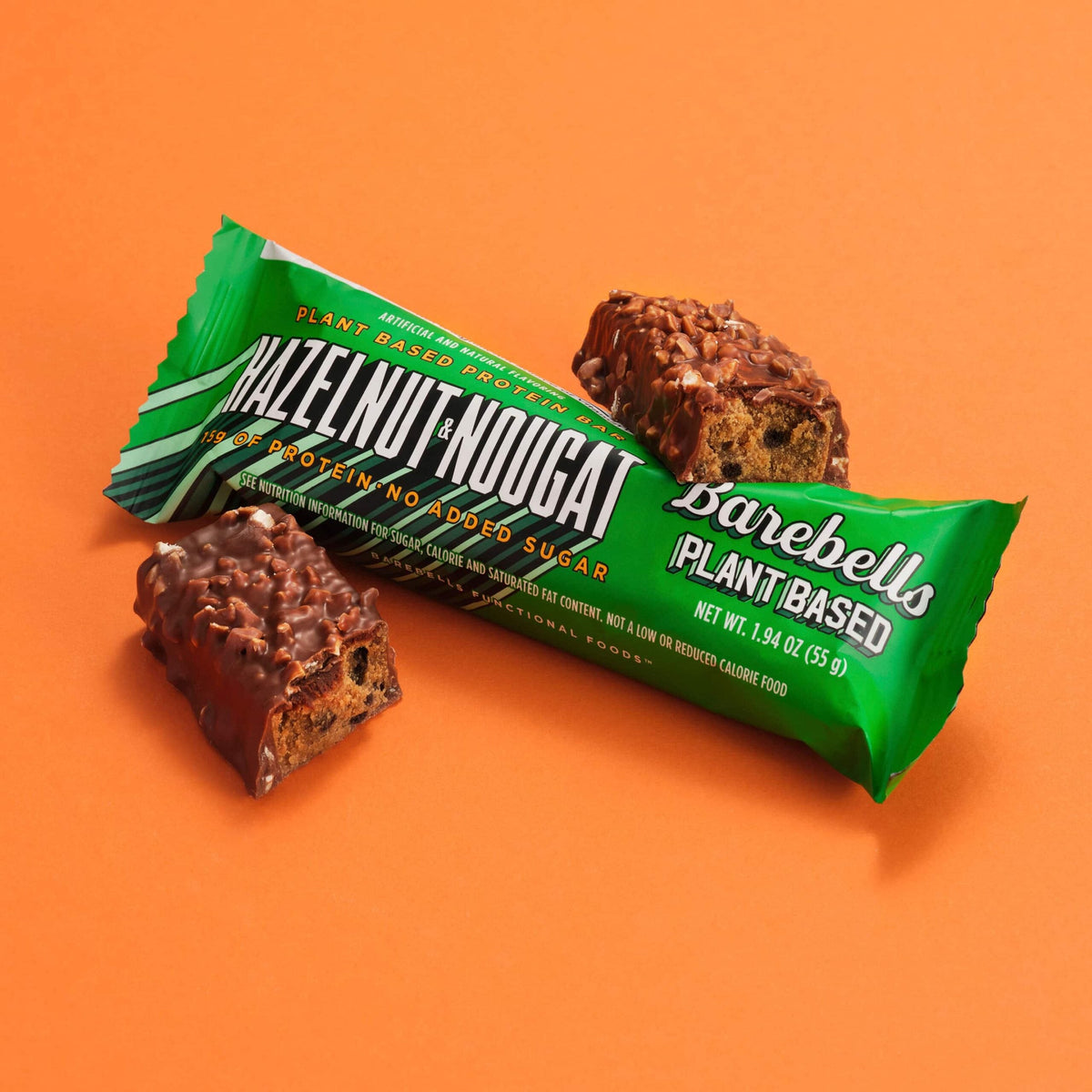 Front package of Barebells Plant Based Protein Bars, Hazelnut Nougat / One Bar.