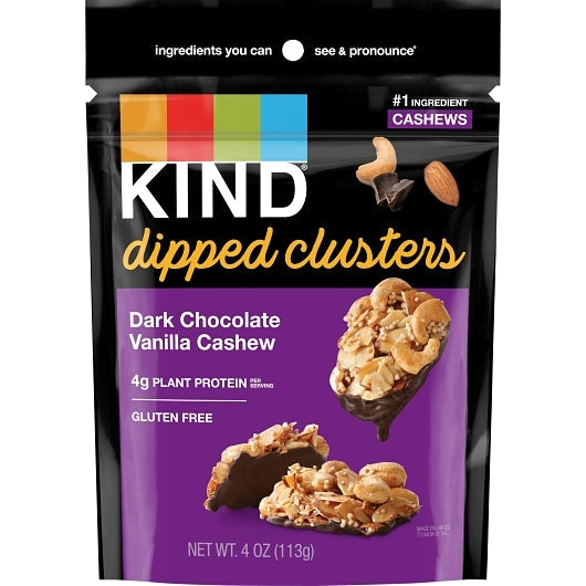Front package of KIND Dipped Clusters, Dark Chocolate Vanilla Cashew, 4oz / One Pack