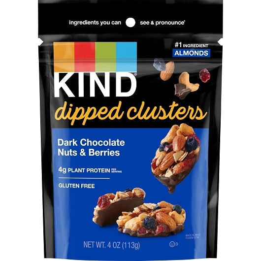 Front package of KIND Dipped Clusters, Dark Chocolate Nuts & Berries, 4oz / One Pack