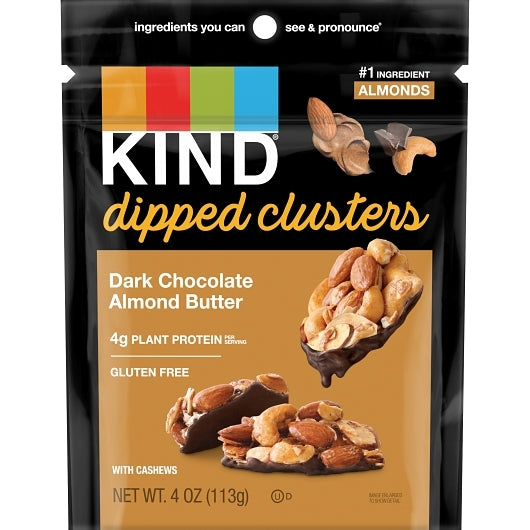 Front package of KIND Dipped Clusters, Dark Chocolate Almond Butter, 4oz / One Pack