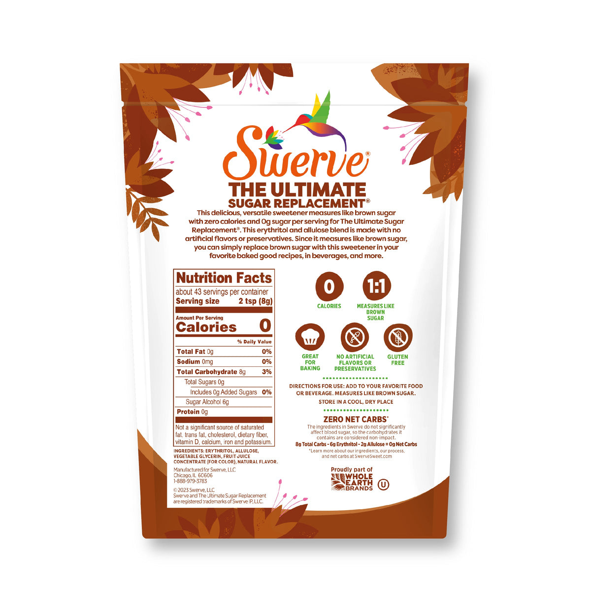 A colorful package of Swerve sugar replacement features a vibrant design with leaves, highlighting its zero-calorie content and suitability for baking, with nutrition facts prominently displayed.