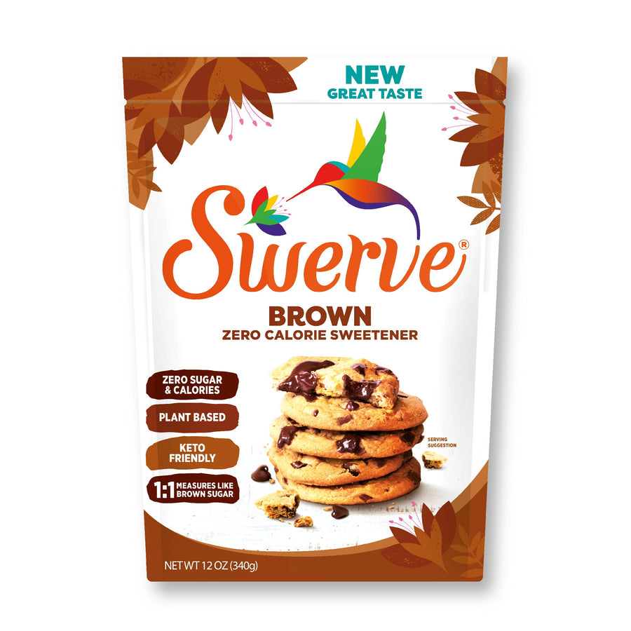 A package of Swerve Brown zero-calorie sweetener features a stack of chocolate chip cookies, with text highlighting its plant-based, keto-friendly qualities and 1:1 measurement like brown sugar.