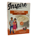 A box of Inspire Protein Kitchen Classic Cappuccino featuring a cup of cappuccino and illustrations of a man and a woman smiling, highlighting that the product is gluten-free and contains 15g of protein.