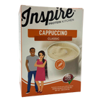 A box of Inspire Protein Kitchen Classic Cappuccino featuring a cup of cappuccino and illustrations of a man and a woman smiling, highlighting that the product is gluten-free and contains 15g of protein.