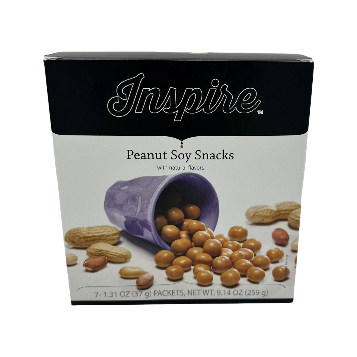 A purple cup spills peanut soy snacks onto a white surface, with whole peanuts scattered around, showcasing the product titled "Peanut Soy Snacks" by Inspire.