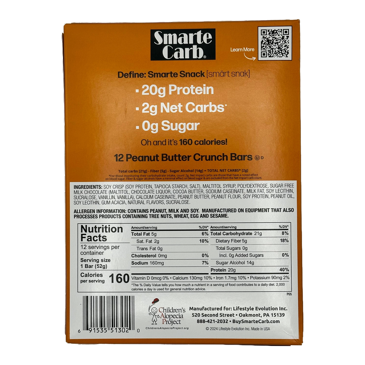 NuGo Smarte Carb Bars, A product packaging for Smarte Carb Peanut Butter Crunch Bars features nutritional information, highlighting 20g protein, 2g net carbs, and 0g sugar, set against an orange background..