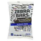 A clear plastic bag of Zebra Bars, featuring a cartoon zebra on the front, labeled as "Sugar Free" and "The Original Crunchy Peanut Butter Bar," with individual bars visible inside.