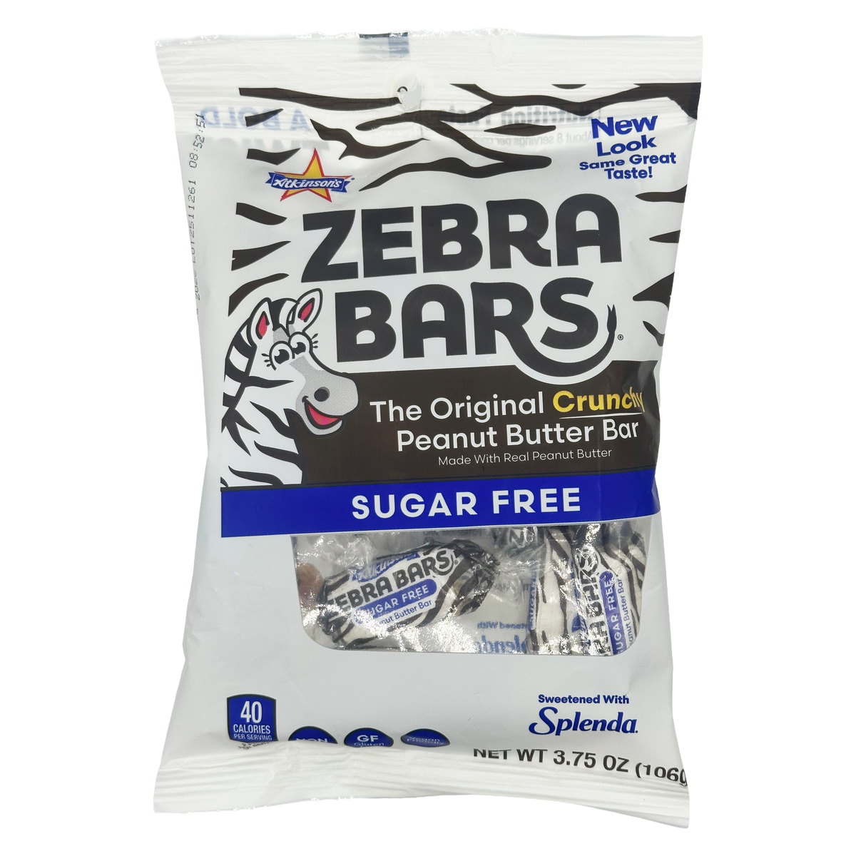 A clear plastic bag of Zebra Bars, featuring a cartoon zebra on the front, labeled as "Sugar Free" and "The Original Crunchy Peanut Butter Bar," with individual bars visible inside.