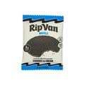 A package of RipVan Wafels featuring a cookies and cream caramel-filled stroopwafel, displaying nutritional information with 3 grams of sugar and 6 grams of fiber.