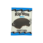 A package of RipVan Wafels featuring a cookies and cream caramel-filled stroopwafel, displaying nutritional information with 3 grams of sugar and 6 grams of fiber.