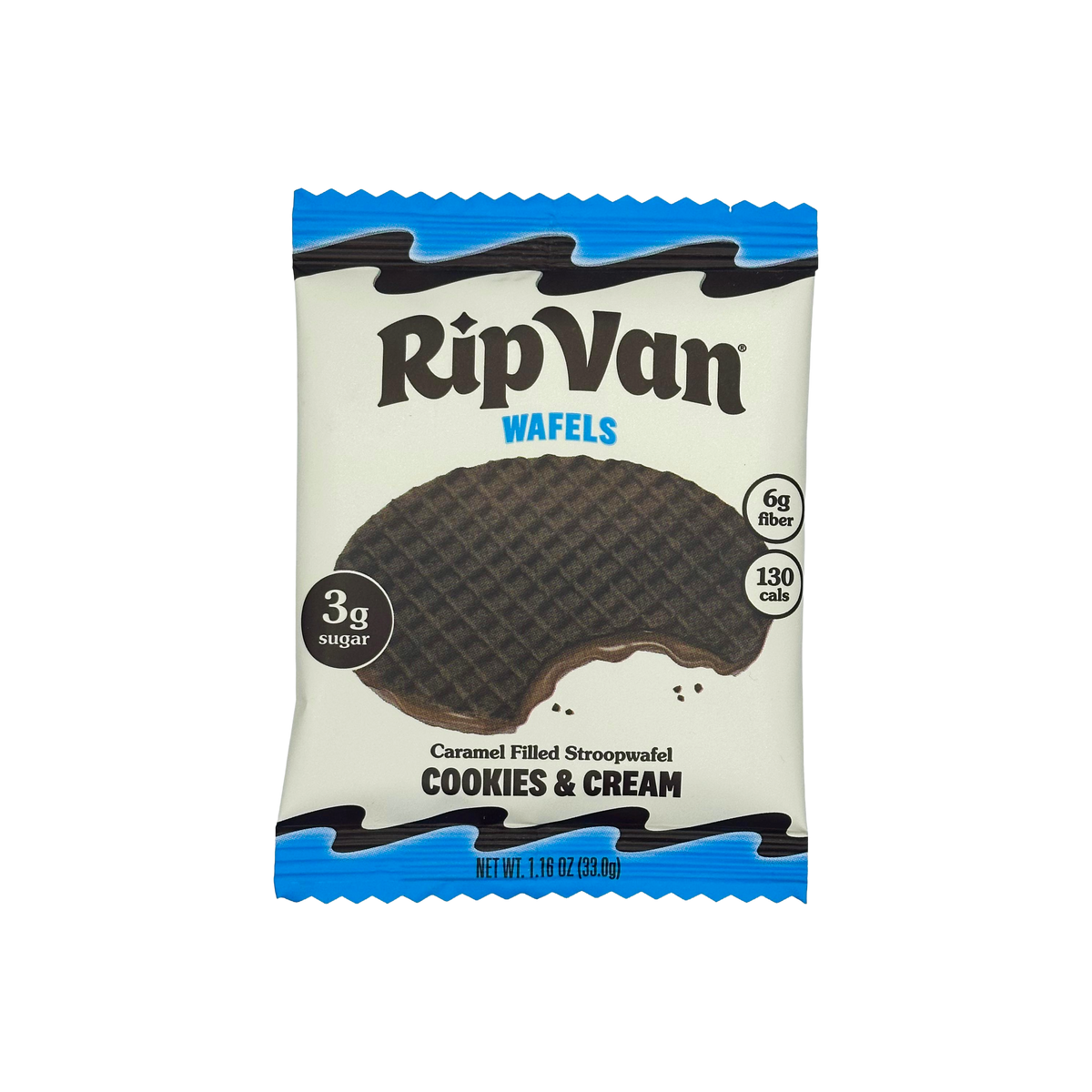 A package of RipVan Wafels featuring a cookies and cream caramel-filled stroopwafel, displaying nutritional information with 3 grams of sugar and 6 grams of fiber.