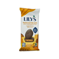 A packaged product featuring Lily's Peanut Butter Cups in milk chocolate style, displaying two chocolate cups with a peanut butter filling, labeled with "No Sugar Added" and nutritional information.