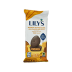 A packaged product featuring Lily's Peanut Butter Cups in milk chocolate style, displaying two chocolate cups with a peanut butter filling, labeled with "No Sugar Added" and nutritional information.