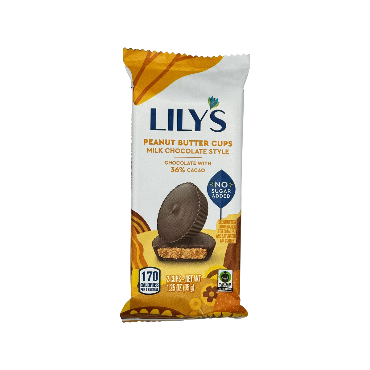 A packaged product featuring Lily's Peanut Butter Cups in milk chocolate style, displaying two chocolate cups with a peanut butter filling, labeled with "No Sugar Added" and nutritional information.