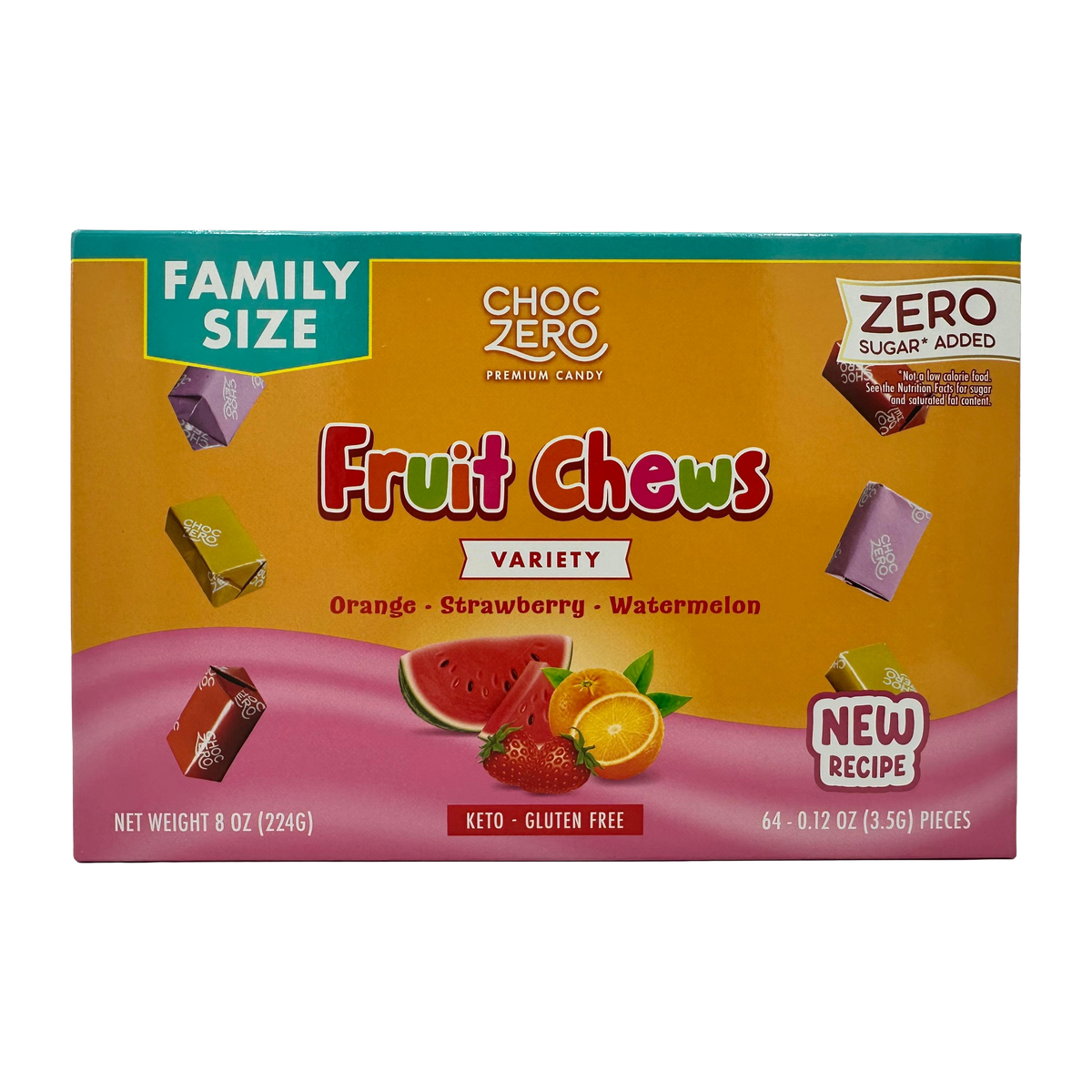 Front package of ChocZero Fruit Chews, 8 oz