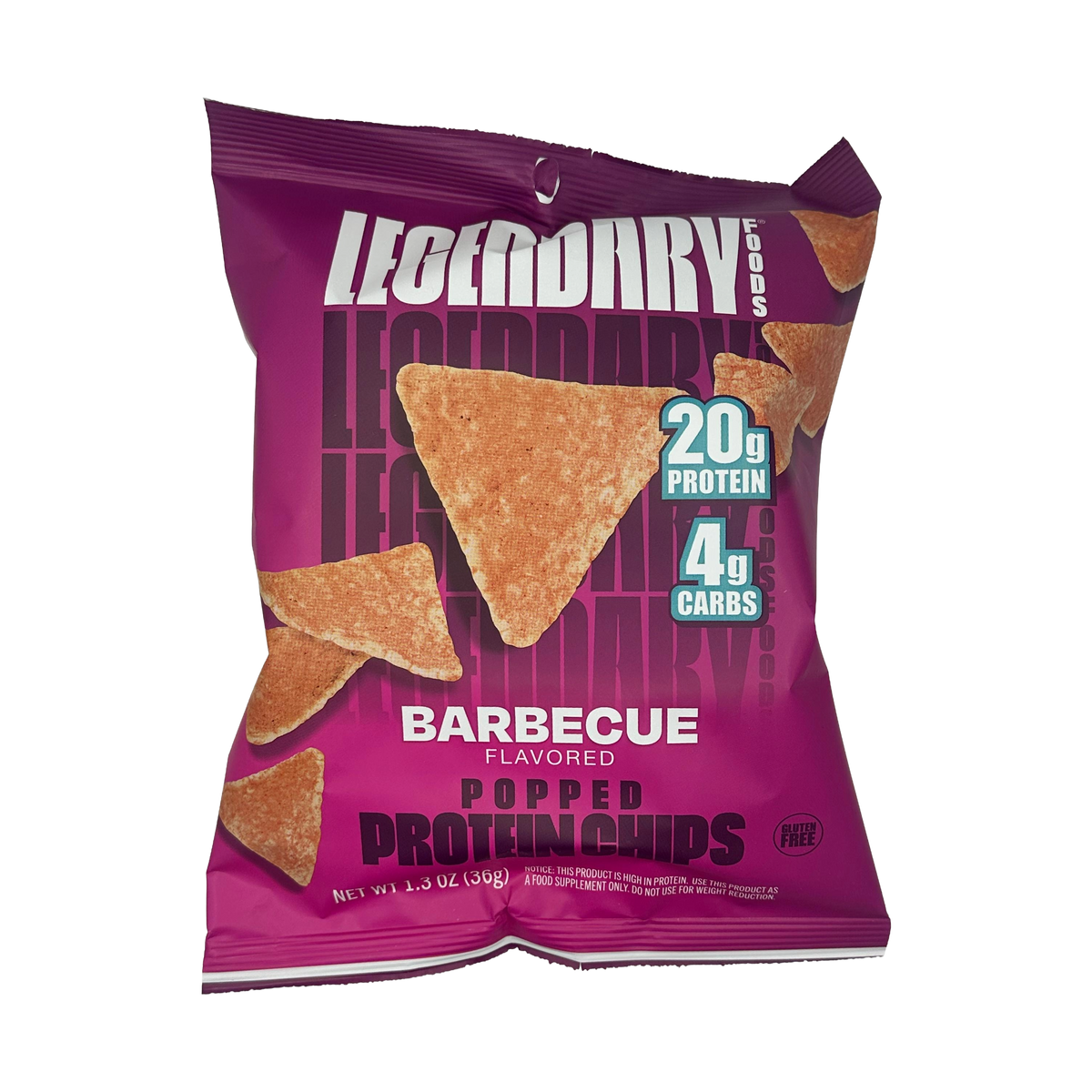 Front package of Legendary Foods Popped Protein Chips, Barbecue / One Bag