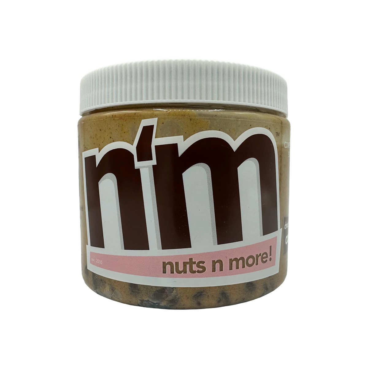 A clear jar of nut butter labeled "n'm" with a brown logo and pink accents, showcasing the product name "nuts n more!" against a black background.
