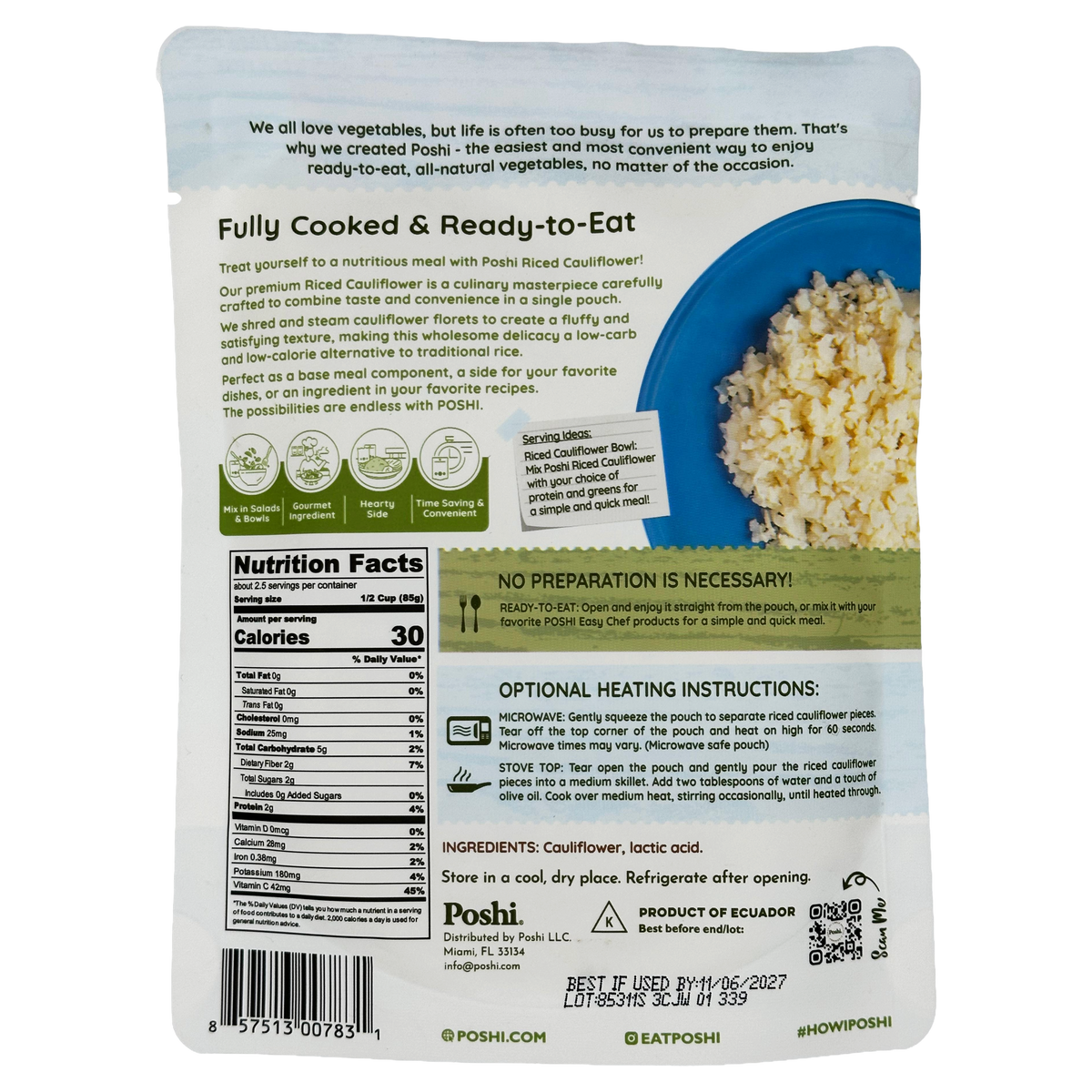 Poshi Easy Chef - Steamed Riced Cauliflower, 7 oz
