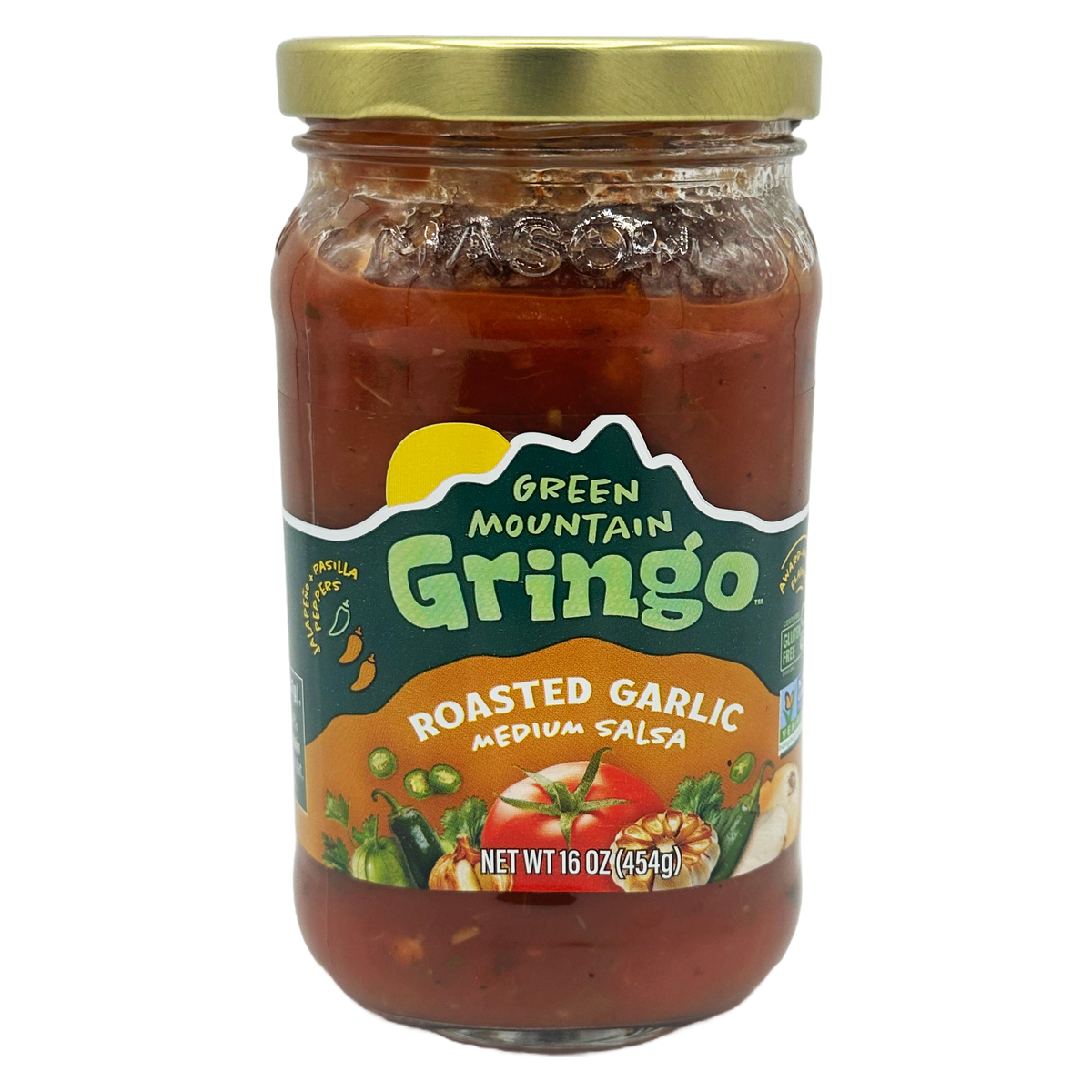 A clear glass jar of Green Mountain Gringo roasted garlic medium salsa, featuring a colorful label with images of vegetables, sits against a plain background.