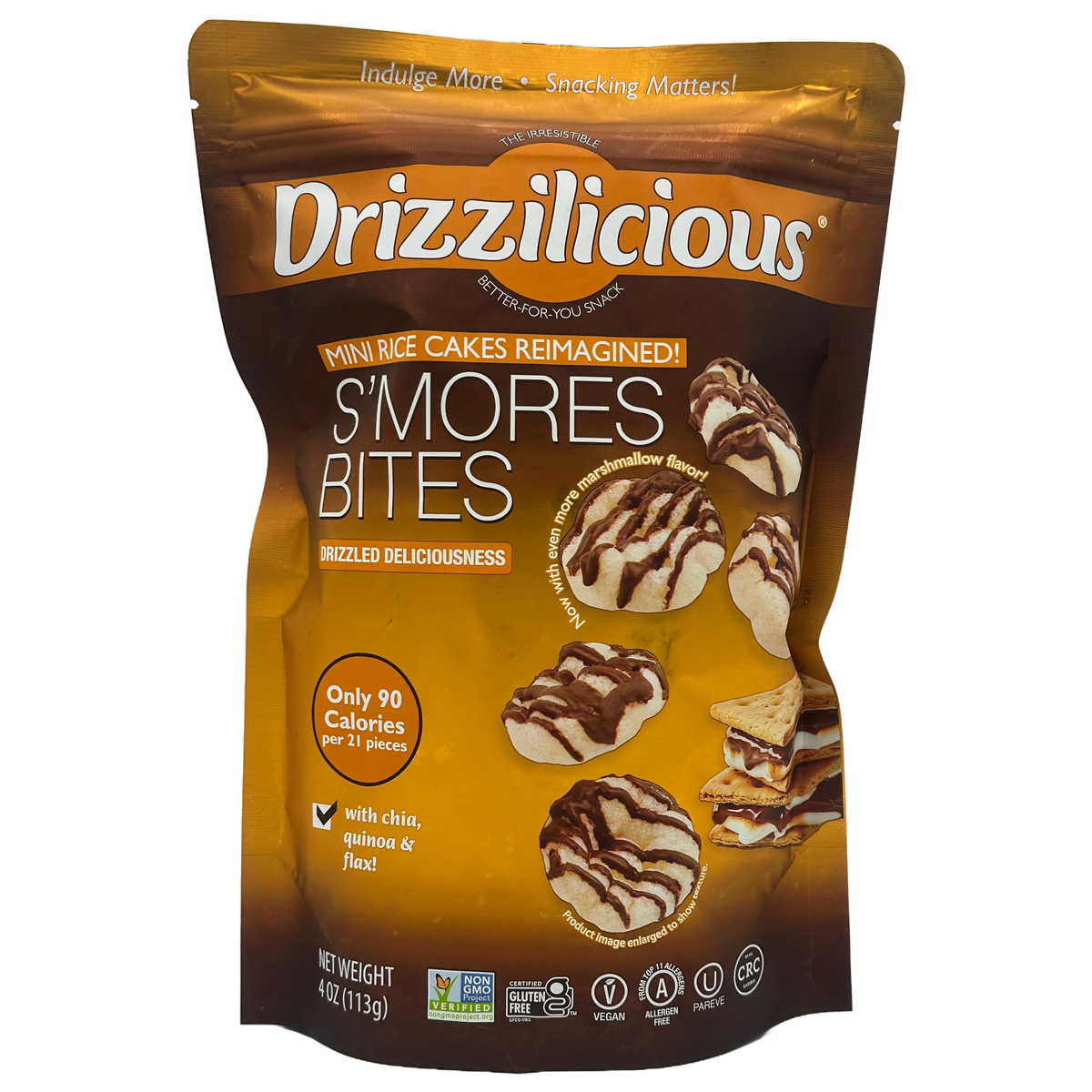 Front package of Drizzilicious Bites - Mini Rice Cakes, S'mores / 4oz