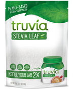 A green and white package of Truvia Stevia Leaf sweetener features the text "Plant-Based" and "Refill Your Jar 2X," with a small jar illustration and a cup of coffee on the front.