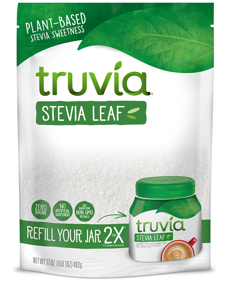 A green and white package of Truvia Stevia Leaf sweetener features the text "Plant-Based" and "Refill Your Jar 2X," with a small jar illustration and a cup of coffee on the front.