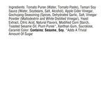 A list of ingredients for a food product, including items like tomato puree, tamari soy sauce, and gochujang seasoning, with notes on allergens such as sesame and soy.