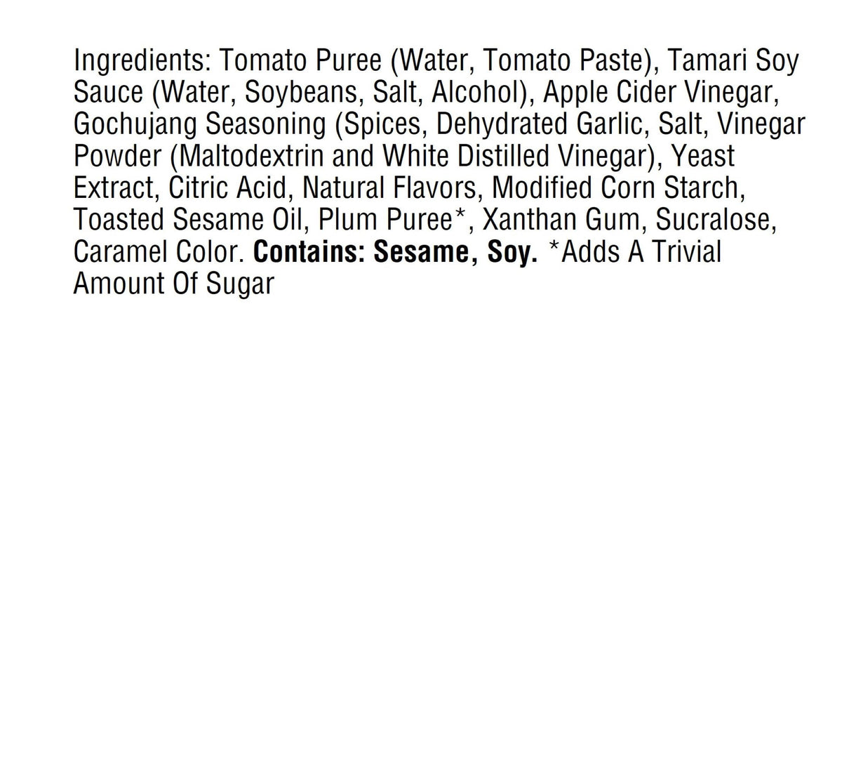 A list of ingredients for a food product, including items like tomato puree, tamari soy sauce, and gochujang seasoning, with notes on allergens such as sesame and soy.