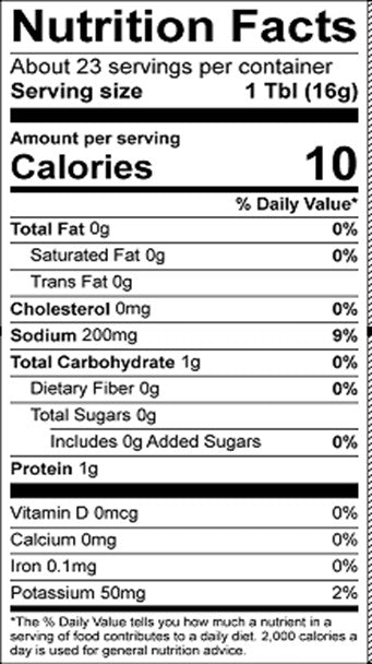 Nutrition facts label displaying serving size, calories, and nutrient content, including total fat, cholesterol, sodium, carbohydrates, protein, vitamins, and minerals for an eCommerce product.