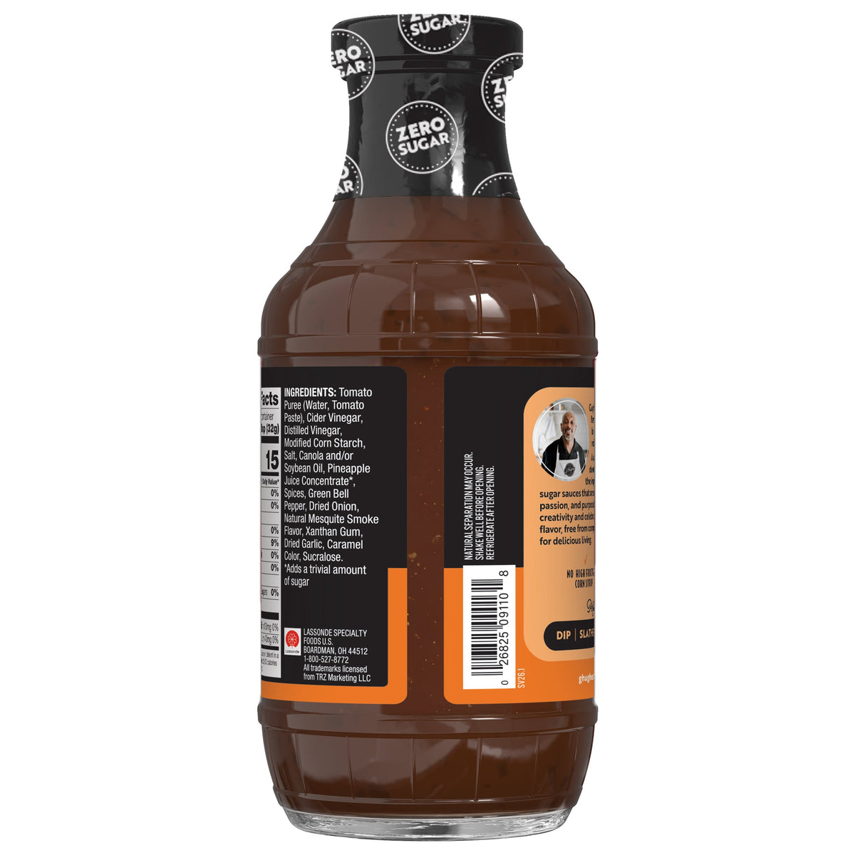 A brown sauce bottle with a black cap displays ingredient details and nutritional information on its label, highlighting it is a zero-sugar product suitable for dipping and slathering.